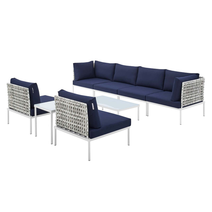 Harmony 8-Piece Sunbrella® Basket Weave Outdoor Patio Aluminum Sectional Sofa Set, Aluminum, Metal, Steel, Blue Navy, 20764