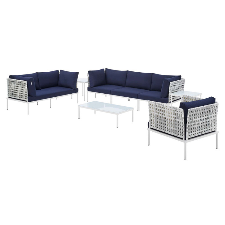 Harmony 8-Piece Sunbrella® Basket Weave Outdoor Patio Aluminum Seating Set, Aluminum, Metal, Steel, Blue Navy, 20772