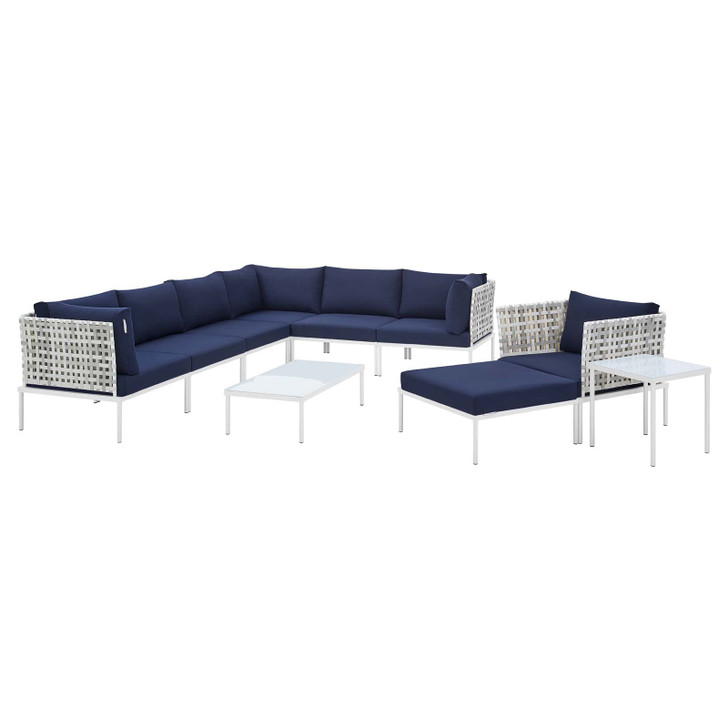 Harmony 10-Piece Sunbrella® Basket Weave Outdoor Patio Aluminum Sectional Sofa Set, Aluminum, Metal, Steel, Blue Navy, 20780