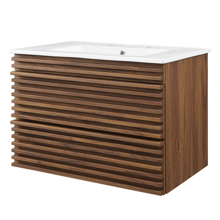 Render 30" Wall-Mount Bathroom Vanity, Wood, Brown Walnut White, 21118