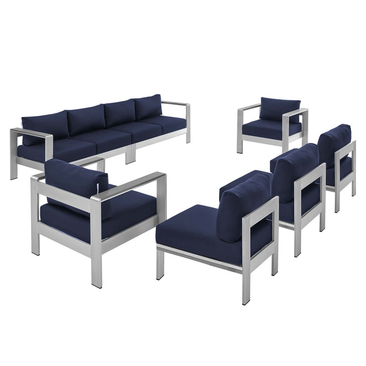 Shore Sunbrella® Fabric Outdoor Patio Aluminum 7 Piece Sectional Sofa Set, Fabric, Aluminum, Metal, Steel, Silver Blue Navy, 21194