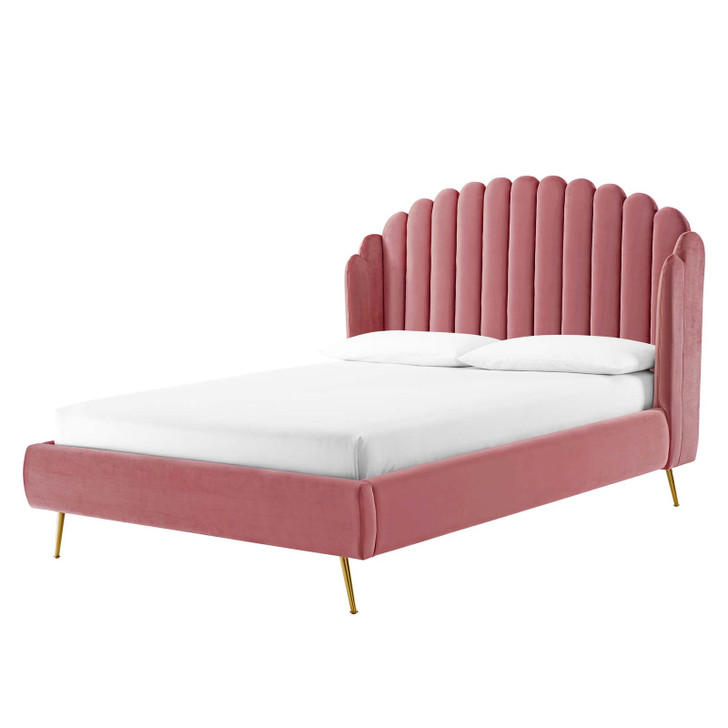 Lana Queen Performance Velvet Wingback Platform Bed, Velvet, Pink, 21799