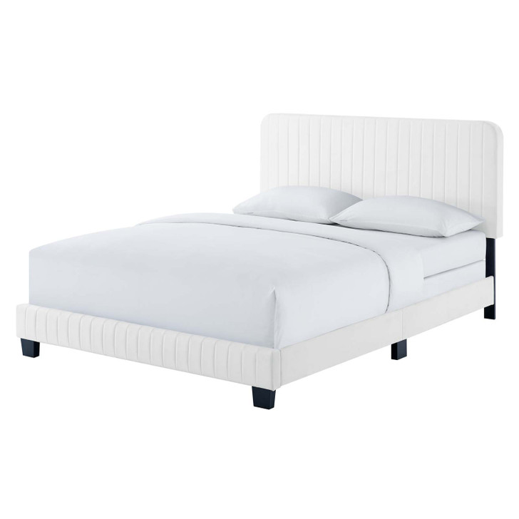 Celine Channel Tufted Performance Velvet King Bed, Velvet, White, 22007