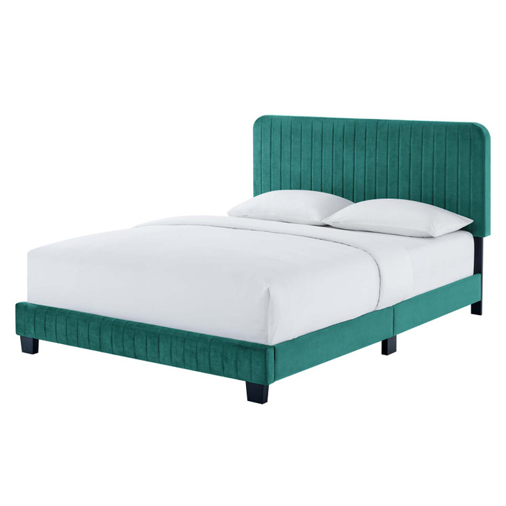 Celine Channel Tufted Performance Velvet Twin Platform Bed, Velvet, Teal Blue, 22069