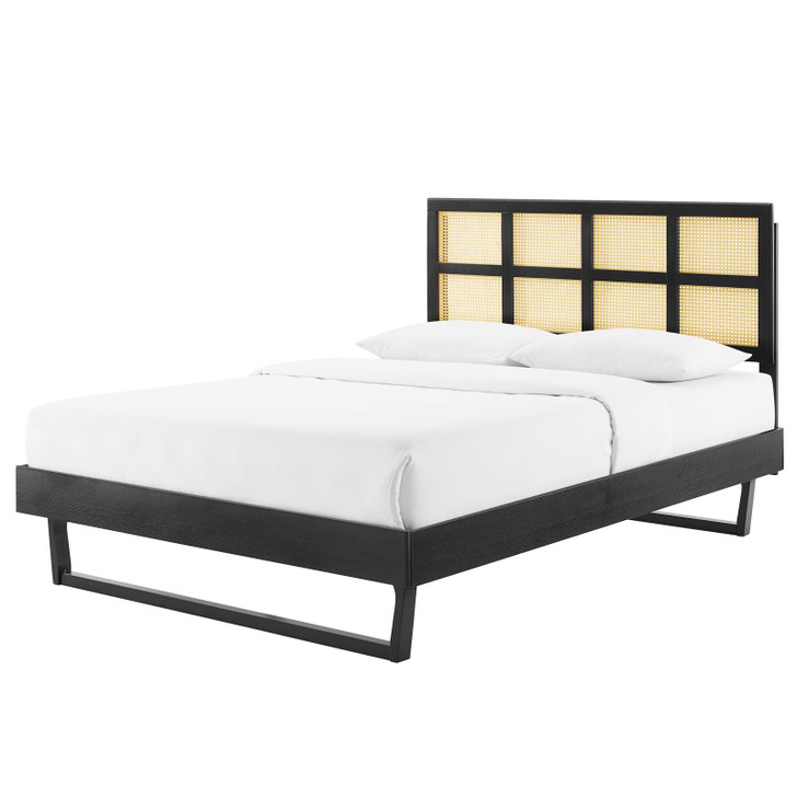 Sidney Cane and Wood Queen Platform Bed With Angular Legs, Wood, Black, 22200