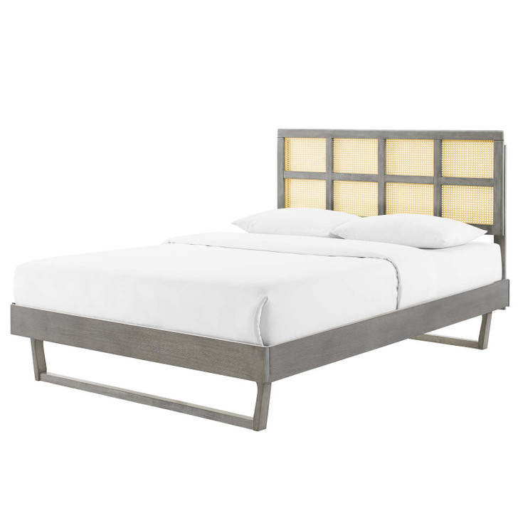 Sidney Cane and Wood Queen Platform Bed With Angular Legs, Wood, Grey Gray, 22201