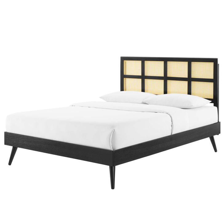 Sidney Cane and Wood Queen Platform Bed With Splayed Legs, Wood, Black, 22203