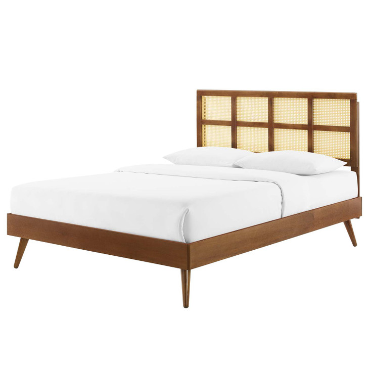 Sidney Cane and Wood Queen Platform Bed With Splayed Legs, Wood, Brown Walnut, 22205