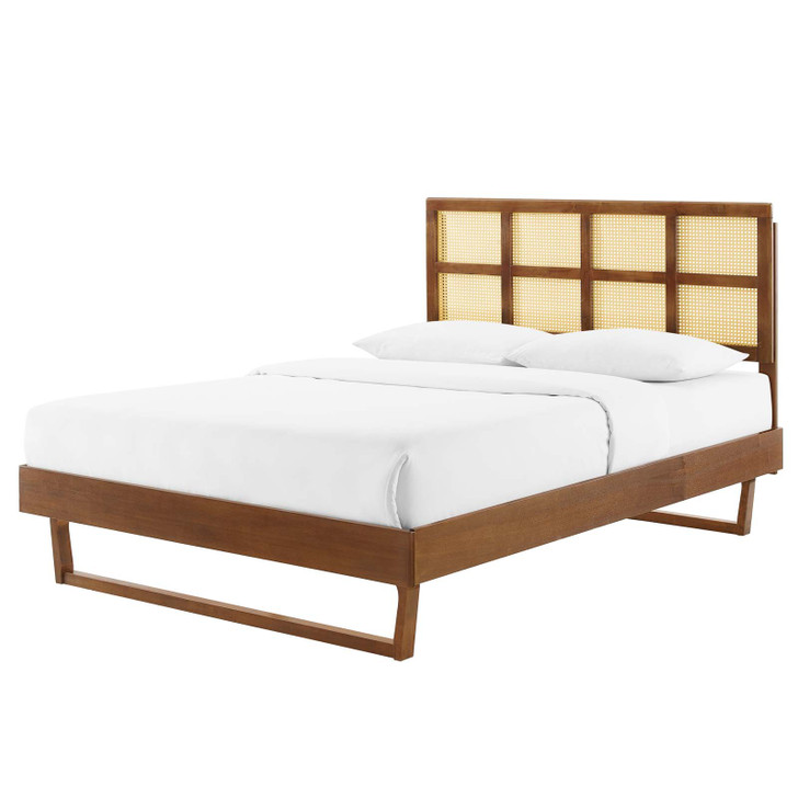 Sidney Cane and Wood Full Platform Bed With Angular Legs, Wood, Brown Walnut, 22208