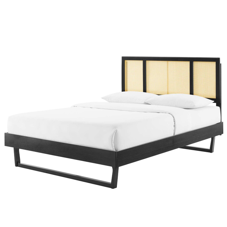 Kelsea Cane and Wood Queen Platform Bed With Angular Legs, Wood, Black, 22209