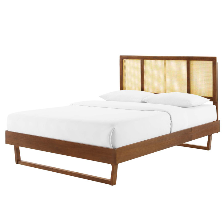 Kelsea Cane and Wood Queen Platform Bed With Angular Legs, Wood, Brown Walnut, 22211