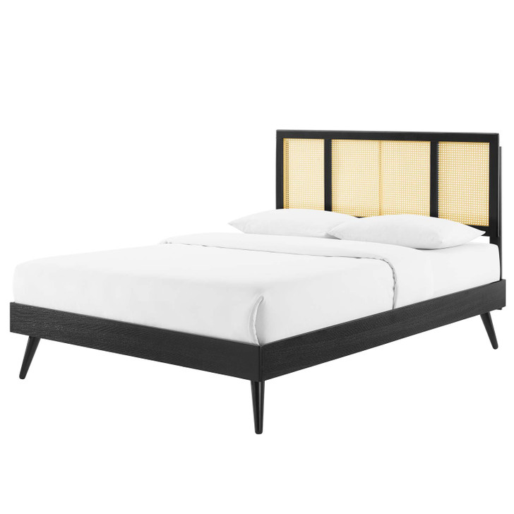 Kelsea Cane and Wood Queen Platform Bed With Splayed Legs, Wood, Black, 22212