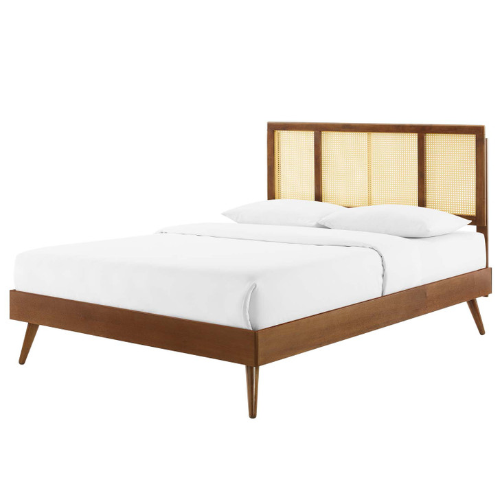 Kelsea Cane and Wood Queen Platform Bed With Splayed Legs, Wood, Brown Walnut, 22214