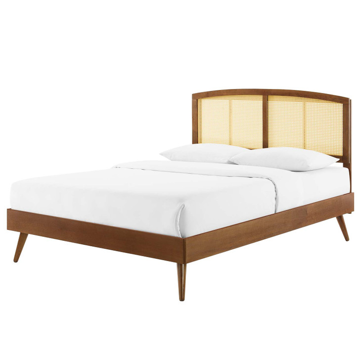 Sierra Cane and Wood Queen Platform Bed With Splayed Legs, Wood, Brown Walnut, 22223