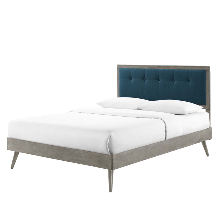 Willow Queen Wood Platform Bed With Splayed Legs, Fabric, Wood, Grey Gray Navy Blue, 22247