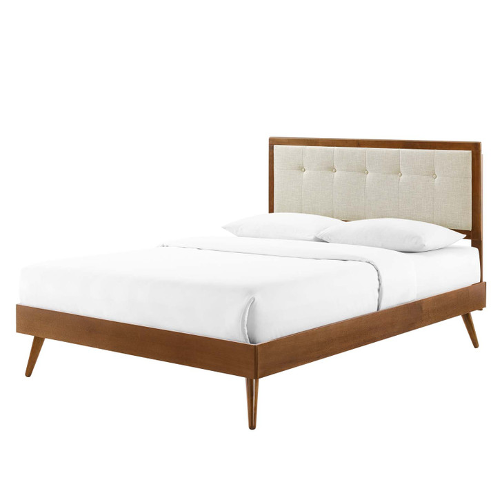 Willow Queen Wood Platform Bed With Splayed Legs, Fabric, Wood, Brown Walnut Beige, 22249