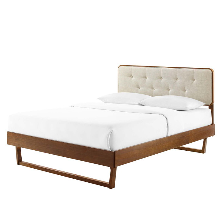 Bridgette Queen Wood Platform Bed With Angular Frame, Fabric, Wood, Brown Walnut Beige, 22255