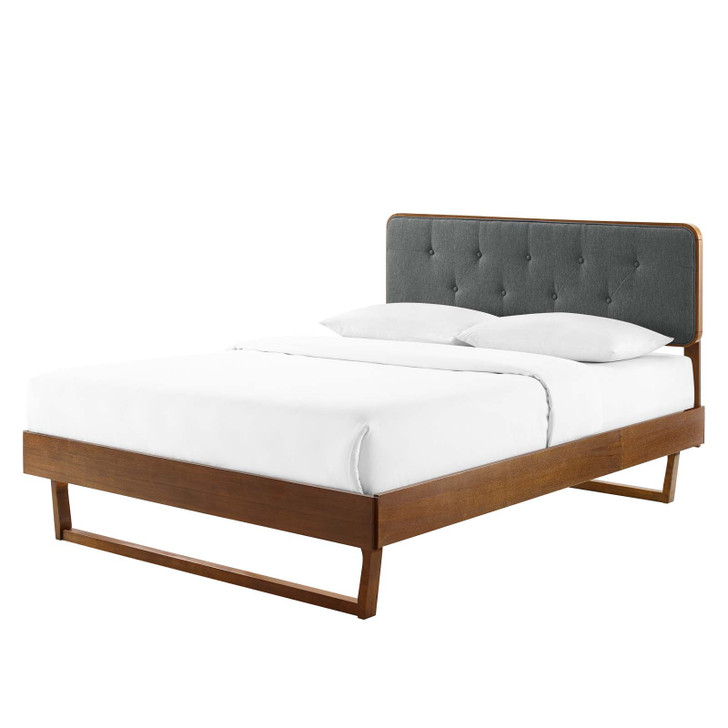 Bridgette Queen Wood Platform Bed With Angular Frame, Fabric, Wood, Brown Walnut Grey Gray, 22256