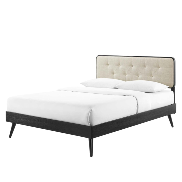 Bridgette Queen Wood Platform Bed With Splayed Legs, Fabric, Wood, Black Beige, 22257