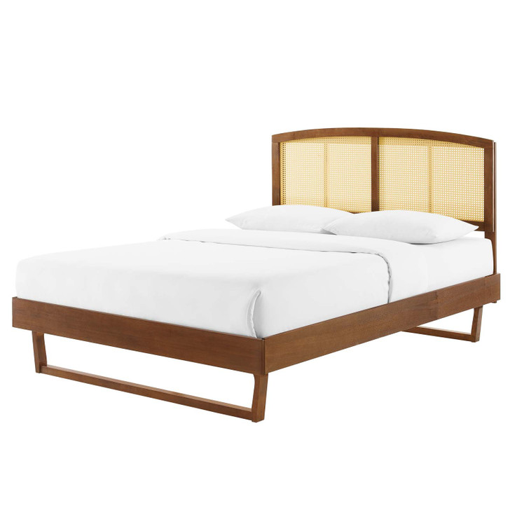 Sierra Cane and Wood Full Platform Bed With Angular Legs, Wood, Brown Walnut, 22544