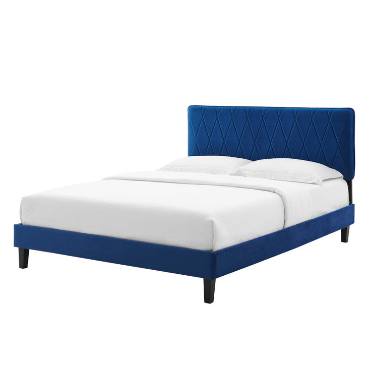 Phillipa Performance Velvet Queen Platform Bed, Velvet, Blue Navy, 22598