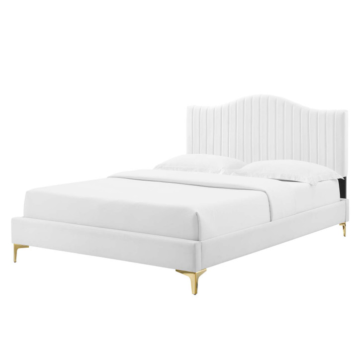 Juniper Channel Tufted Performance Velvet Twin Platform Bed, Velvet, White, 22633