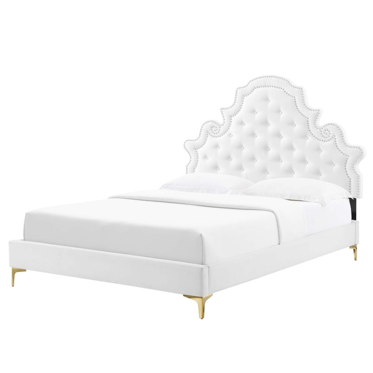 Gwyneth Tufted Performance Velvet Full Platform Bed, Velvet, White, 22729
