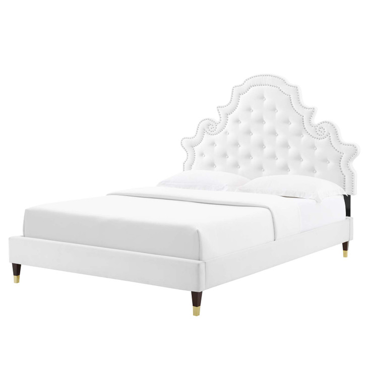 Gwyneth Tufted Performance Velvet Full Platform Bed, Velvet, White, 22737