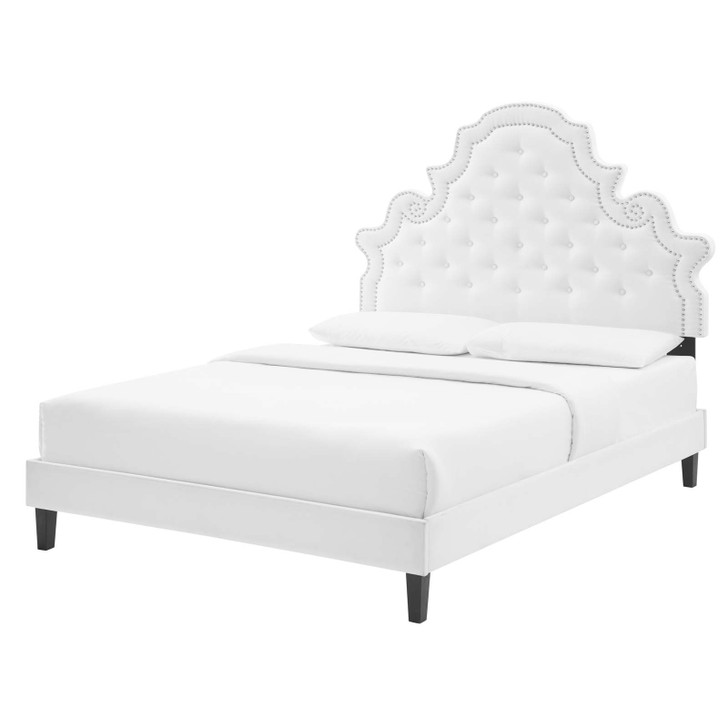 Gwyneth Tufted Performance Velvet Full Platform Bed, Velvet, White, 22745