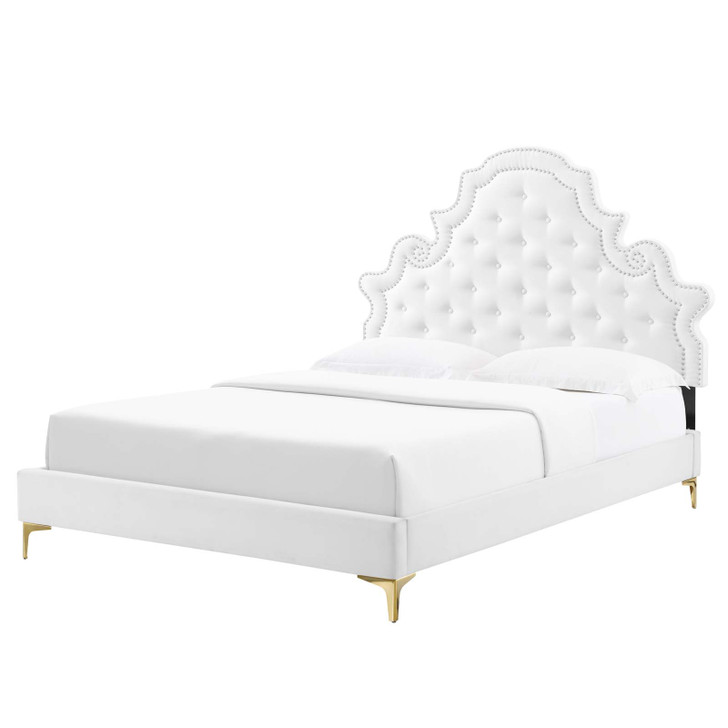 Gwyneth Tufted Performance Velvet King Platform Bed, Velvet, White, 22753