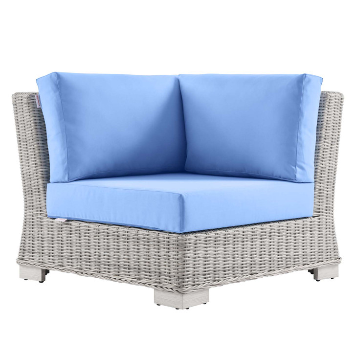 Conway Outdoor Patio Wicker Rattan Corner Chair, Rattan, Wicker, Light Grey Gray Light Blue, 23329