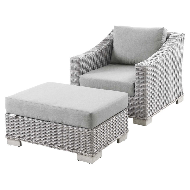 Conway Outdoor Patio Wicker Rattan 2-Piece Armchair and Ottoman Set, Rattan, Wicker, Grey Gray, 23368