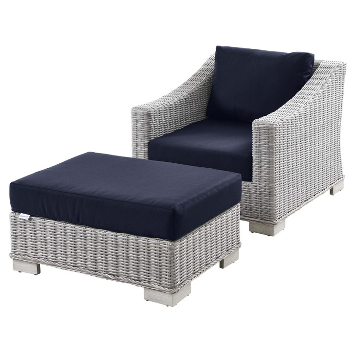 Conway Outdoor Patio Wicker Rattan 2-Piece Armchair and Ottoman Set, Rattan, Wicker, Light Grey Gray Blue Navy, 23370