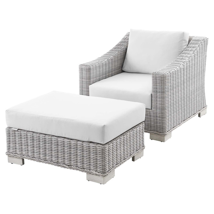 Conway Outdoor Patio Wicker Rattan 2-Piece Armchair and Ottoman Set, Rattan, Wicker, Light Grey Gray White, 23371