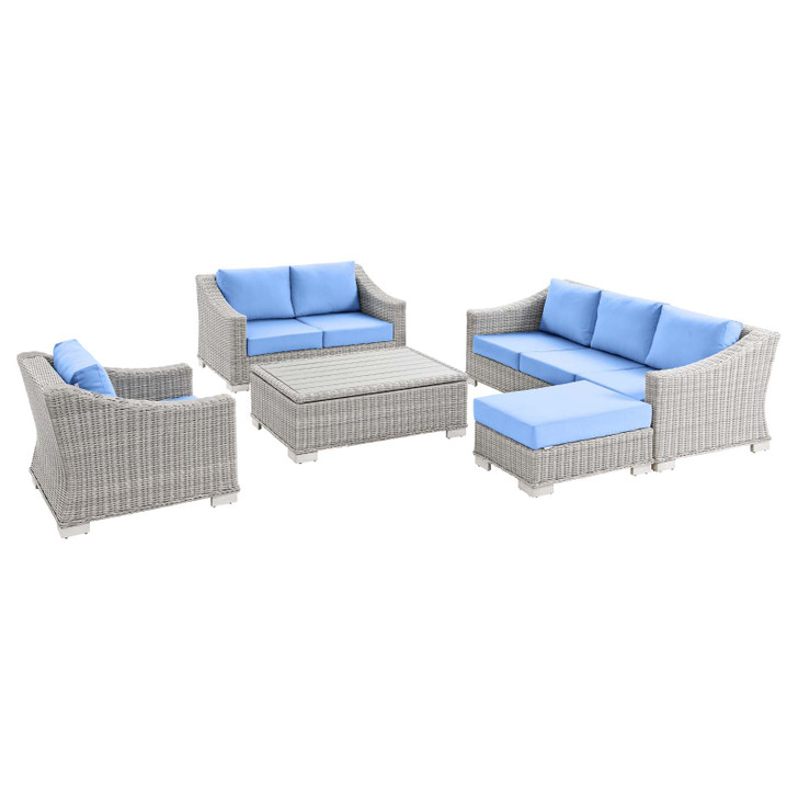 Conway 5-Piece Outdoor Patio Wicker Rattan Furniture Set, Rattan, Wicker, Light Grey Gray Light Blue, 23378