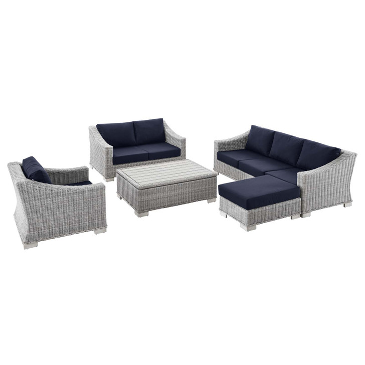 Conway 5-Piece Outdoor Patio Wicker Rattan Furniture Set, Rattan, Wicker, Light Grey Gray Blue Navy, 23379