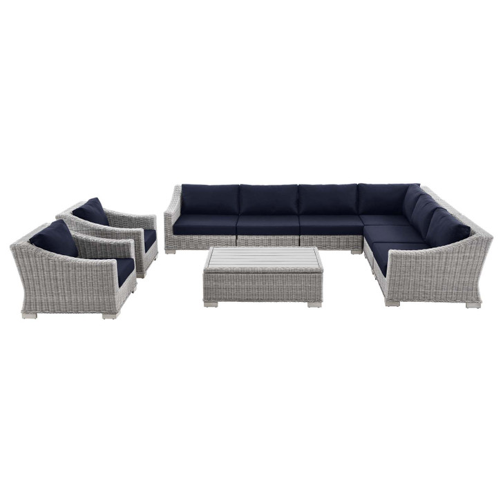 Conway Outdoor Patio Wicker Rattan 9-Piece Sectional Sofa Furniture Set, Rattan, Wicker, Light Grey Gray Blue Navy, 23395