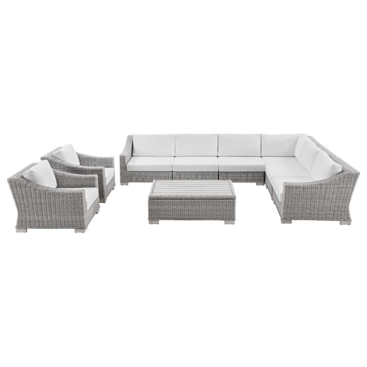 Conway Outdoor Patio Wicker Rattan 9-Piece Sectional Sofa Furniture Set, Rattan, Wicker, Light Grey Gray White, 23396