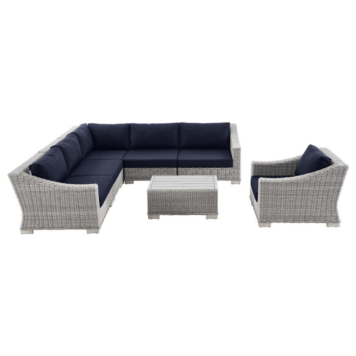 Conway Outdoor Patio Wicker Rattan 7-Piece Sectional Sofa Furniture Set, Rattan, Wicker, Light Grey Gray Blue Navy, 23403