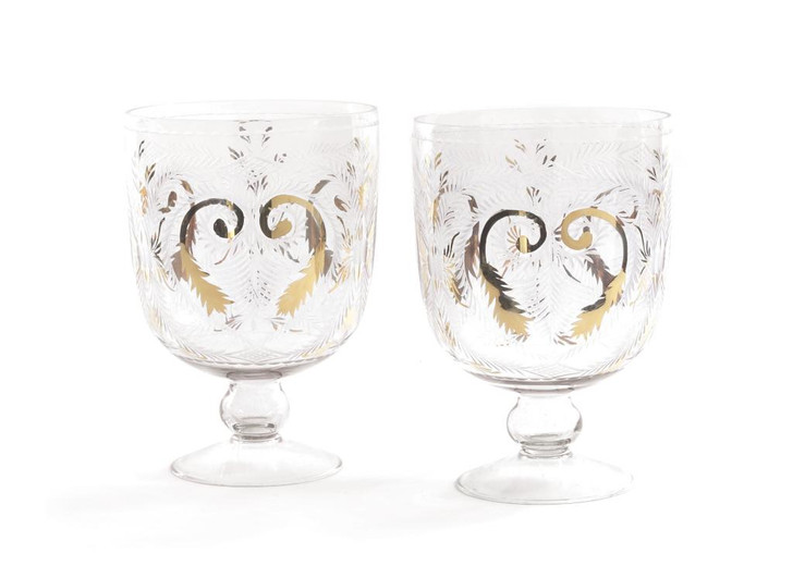 Etched Glass Hurricanes With Gold Accents ( Set of Two ), Clear Glass