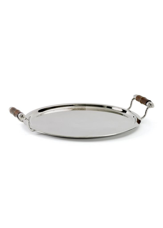Bamboo Handled Round Tray , Silver Metal