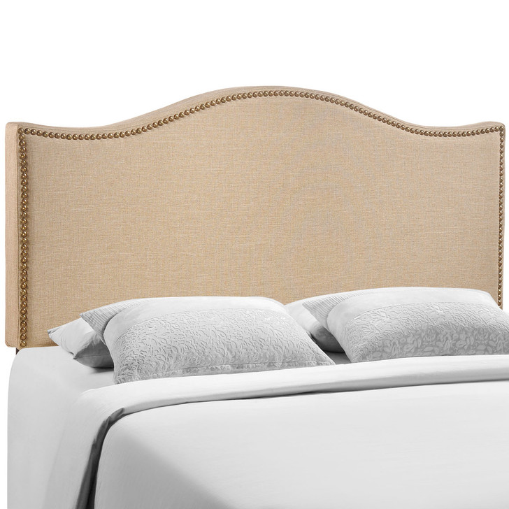 Curl Queen Nailhead Upholstered Headboard, Beige Fabric