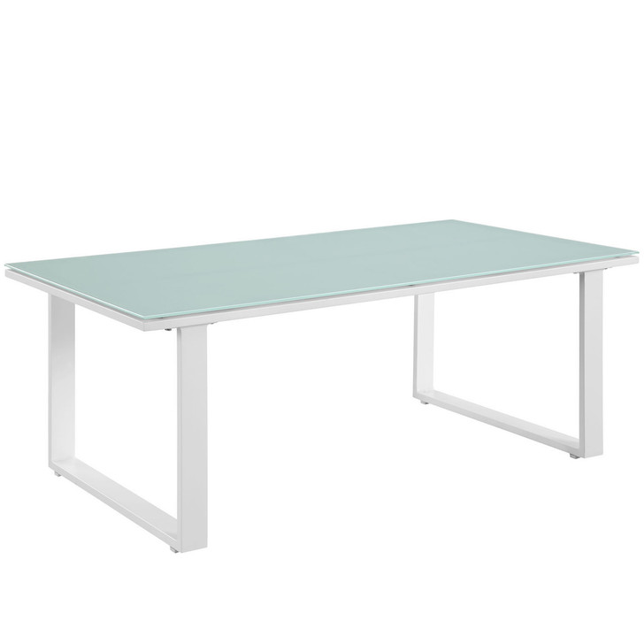 Fortuna Outdoor Patio Coffee Table, White Steel Glass