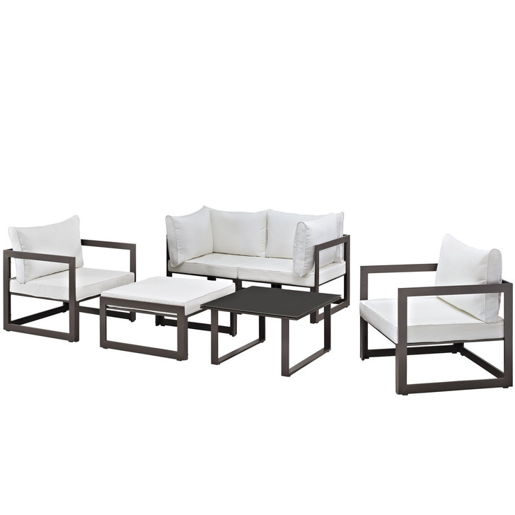 Fortuna 6 Pcs Outdoor Patio Sectional Sofa Set, Brown White Fabric Steel