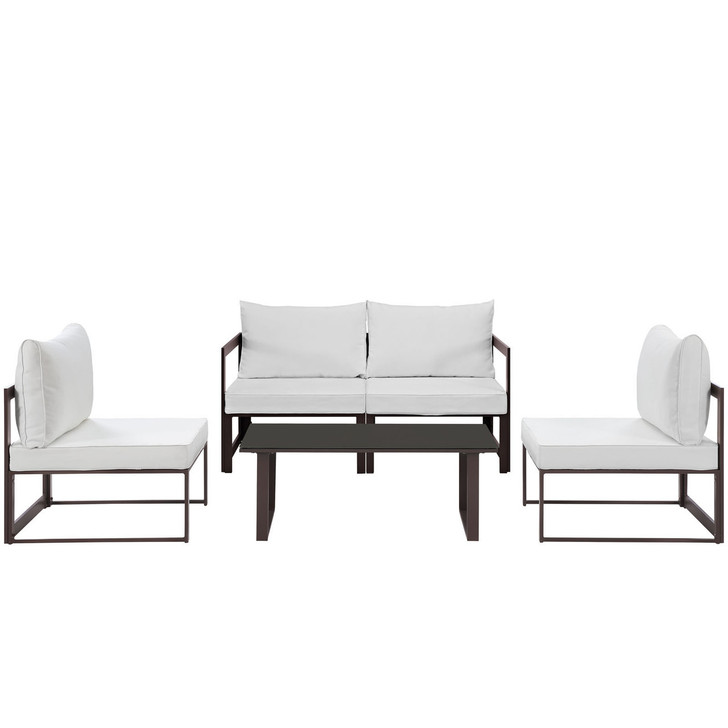 Fortuna 5 Piece Outdoor Patio Sectional Sofa Set, Brown White Fabric Steel