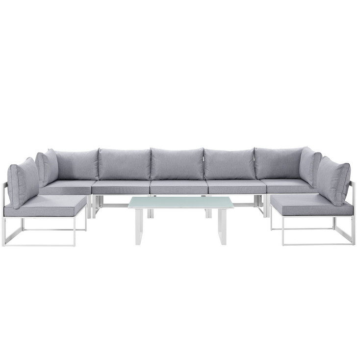 Fortuna 8 Piece Outdoor Patio Sectional Sofa Set, White Grey Fabric Steel
