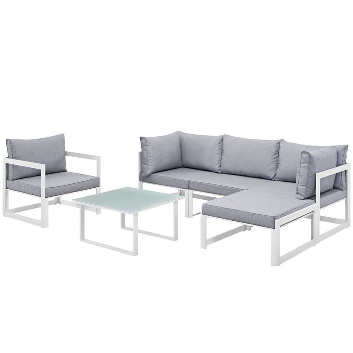 Fortuna 6 Piece Outdoor Patio Sectional Sofa Set, Steel White Grey Fabric