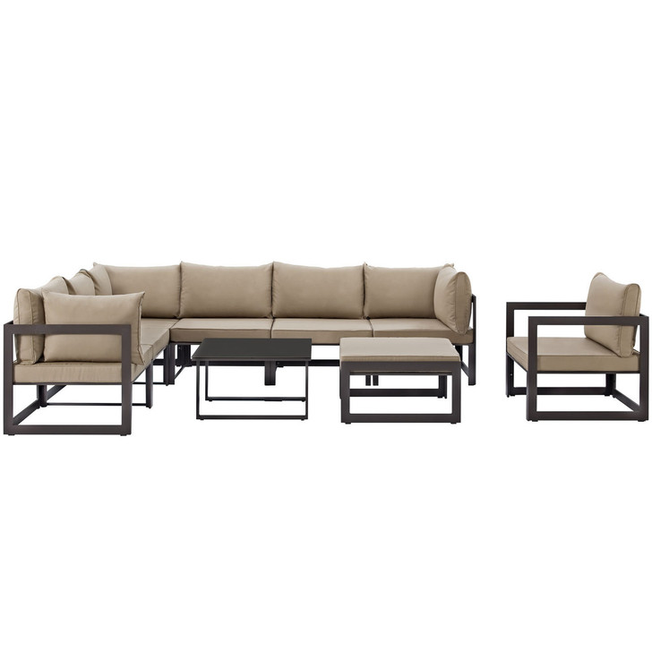 Fortuna 9 Piece Outdoor Patio Sectional Sofa Set, Brown Fabric Steel