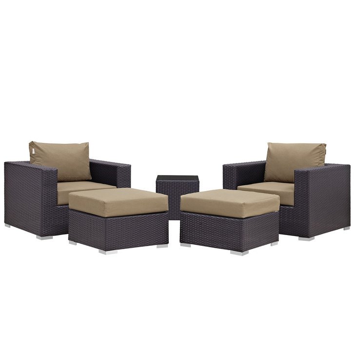 Convene Five PCS Outdoor Patio Sectional Set, Brown, Fabric, Synthetic Rattan