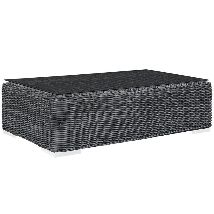Summon Outdoor Patio Glass Top Coffee Table, Grey, Synthetic Rattan